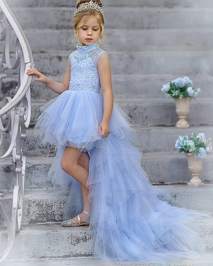 Light Blue High Neckline Beading High Low Tulle Girls Pageant Dress – modakidz