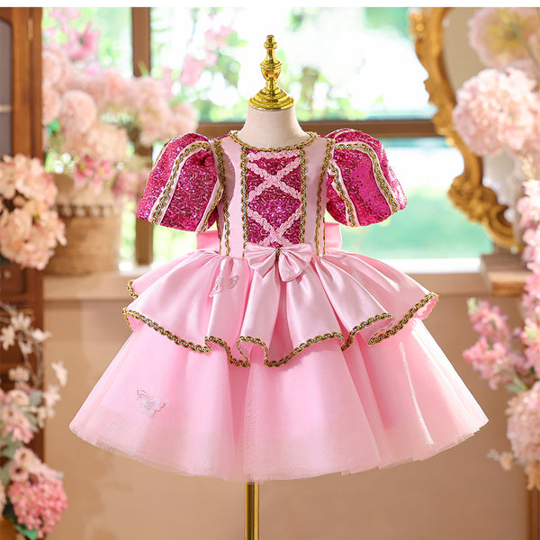 Sequin Pink Jewel Layered Skirt Girls Pageant Dress with Short Sleeves & Bowknot