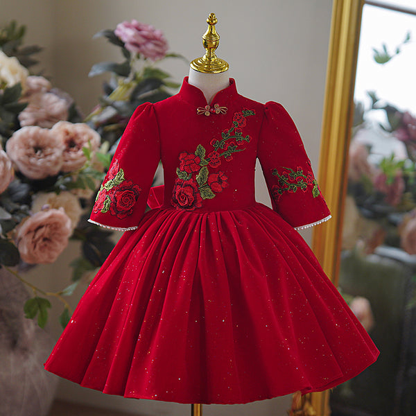 Chinese Style High Neckline Lace Applique Girls Pageant Dress with Half Length Sleeves