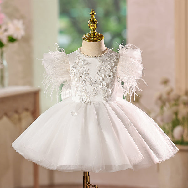 Scoop Tulle Beading Applique Flower Girl Dress with Bowknot