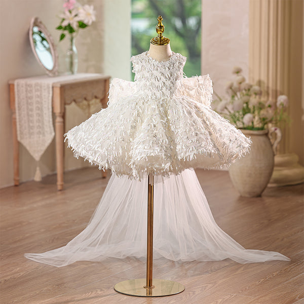 Elegant Special Lace Jewel White Girls Pageant Dress with Detachable Train