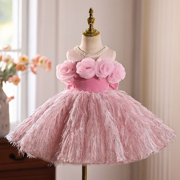 Pink 3D Flowers Special Lace Scoop Neck Toddler  Birthday Dress