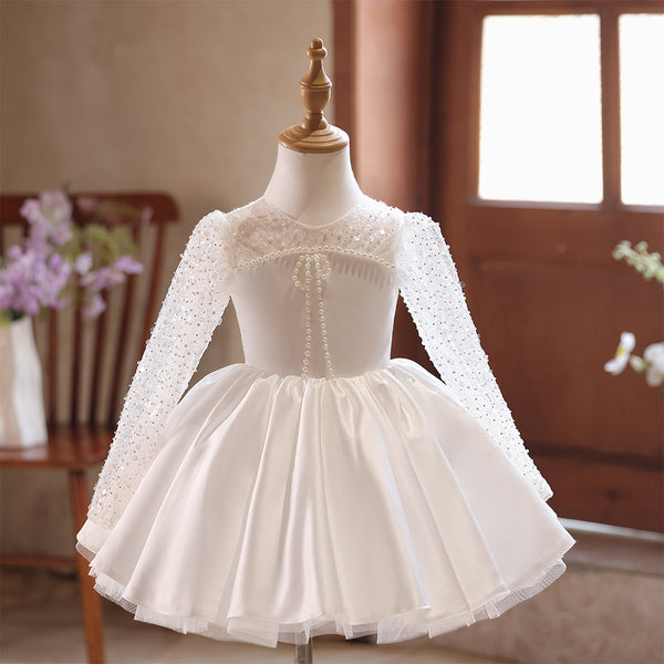 Beading Satin Jewel Pleated Flower Girl Dress with Long Sleeves