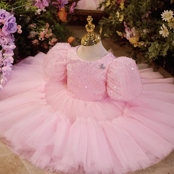 Pink Beading Lace Tulle Ball Gown Flower Girl Dress with Bowknot