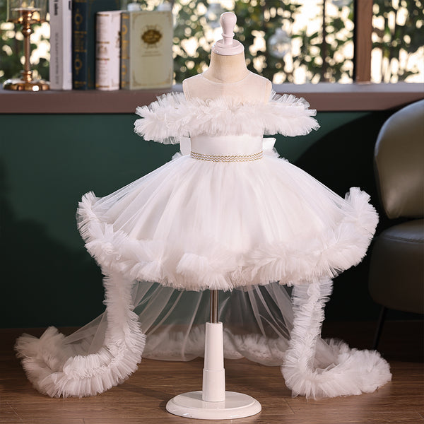 Ruffle Sheer Neckline Tulle A-line Flower Girl Dress with Detachable Train