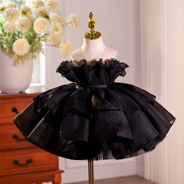 Black Ruched Sheer Neckline Tulle Girls Pageant Dress