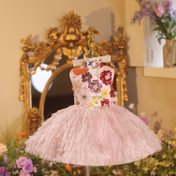 Pink Knee-length Halter Sleeveless  Flower Girl Dress
