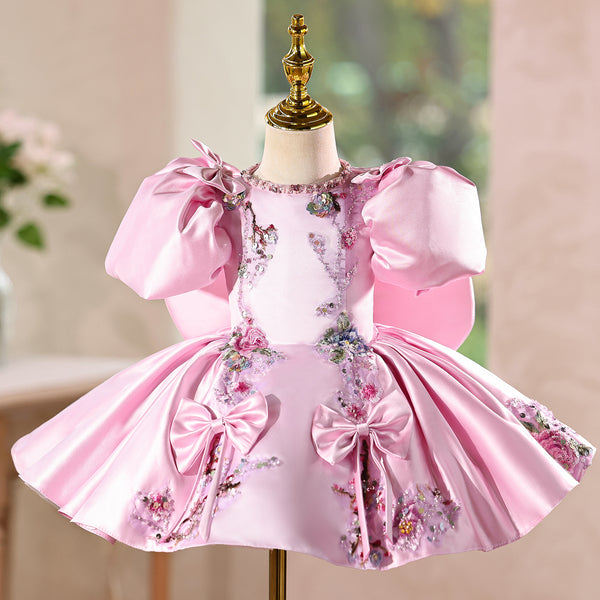 Satin  Girls Pageant Dress with Sparkling Beaded Embroidery