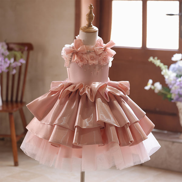 3D Flowers High Neck Pink Sequin Satin Pleated Girls Pageant Dress