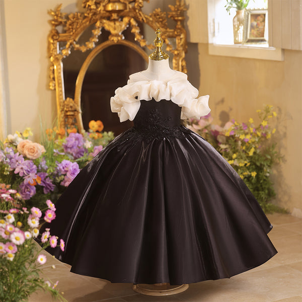 Off Shoulder Black Beaded Applique Satin Junior Bridesmaid Dress
