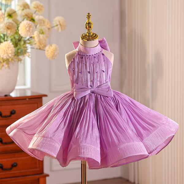 Beading Purple High Neck Chiffon Girls Pageant Dress with Bowknot