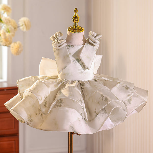 Print Organza Jewel Ball Gown Girls Pageant Dress with Bowknot