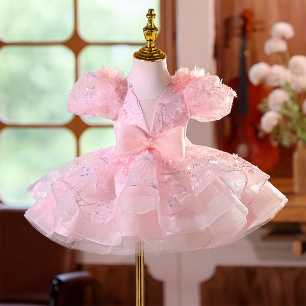 Pink V-neck Beading Girls Pageant Dress with Short Sleeves & Bowknot