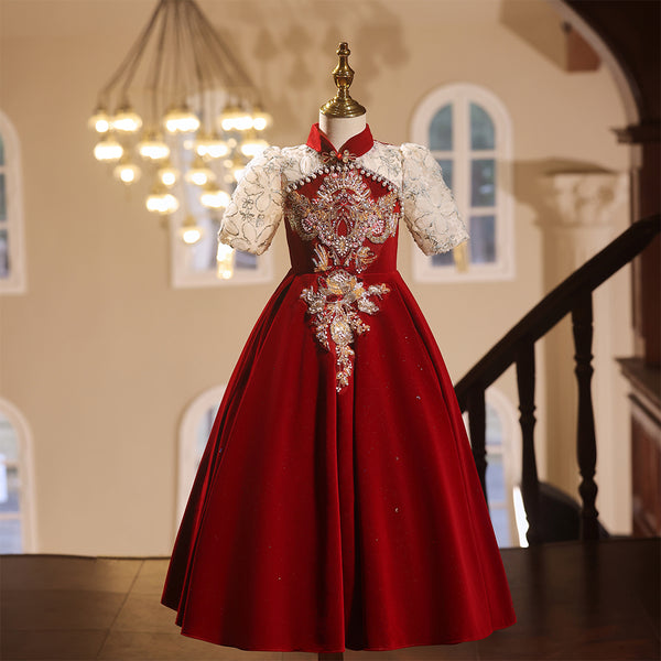 Chinese Style High Neck Beading A-line Girls Pageant Dress with Short Sleeves