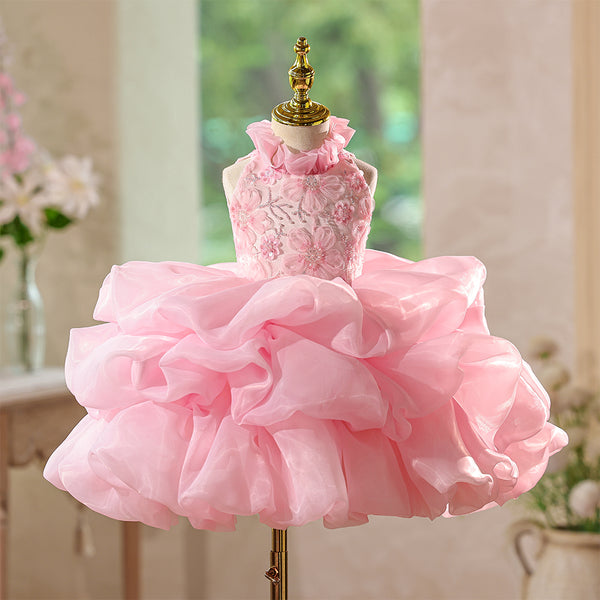 Pink Lace High Neckline Pink Ruffle Girls Pageant Dress