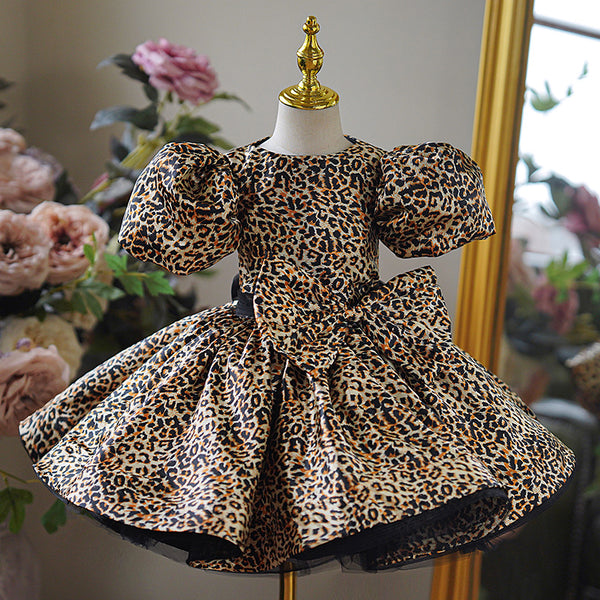 Leopard Print A-line Girls Pageant Dress with Puff Sleeves