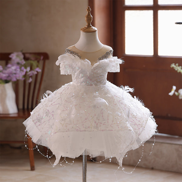 Ivory Knee-length Beading Lace Flower Girl Dress