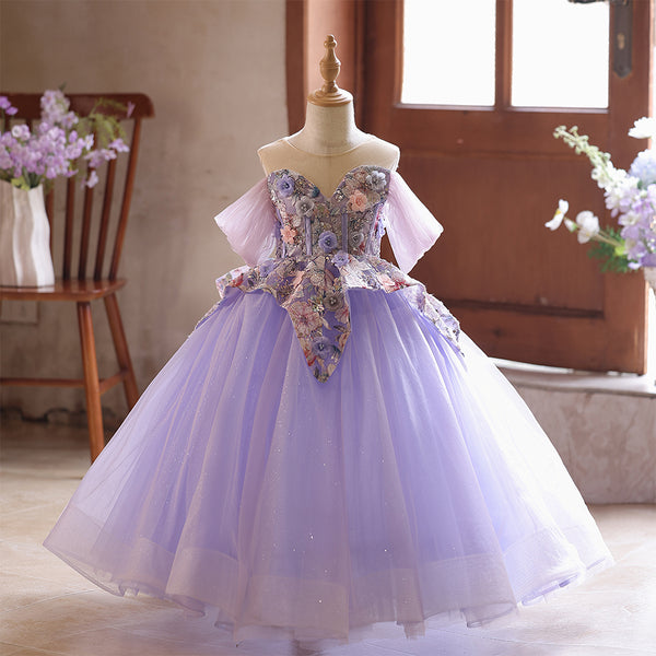 Off the Shoulder Lavender Tulle Ball Gown Girls Pageant Dress