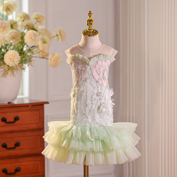 Beading Sheer Neckline Ruffle Sheath Girls Pageant Dress