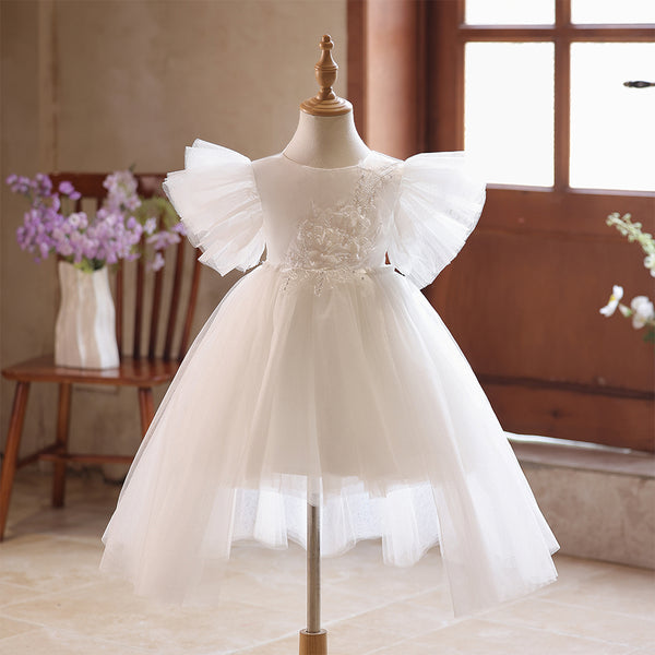 White Lace Applique Jewel High Low Tulle Flower Girl Dress