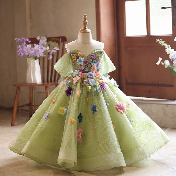 Tulle 3D Flowers Floral Off the Shoulder  A-line Girls Pageant Dress