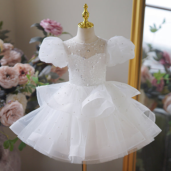 Beading Jewel Ruffle White Flower Girl Dress with Short Sleeves