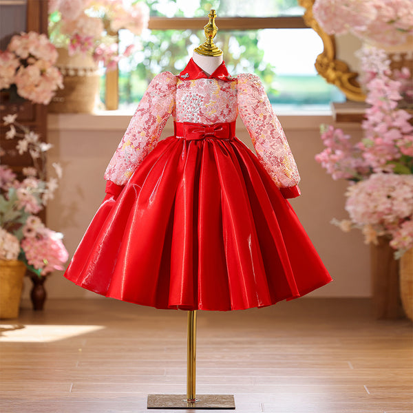 Special Lace Bodice High Neck Red Girls Pageant Dress with Long Sleeves