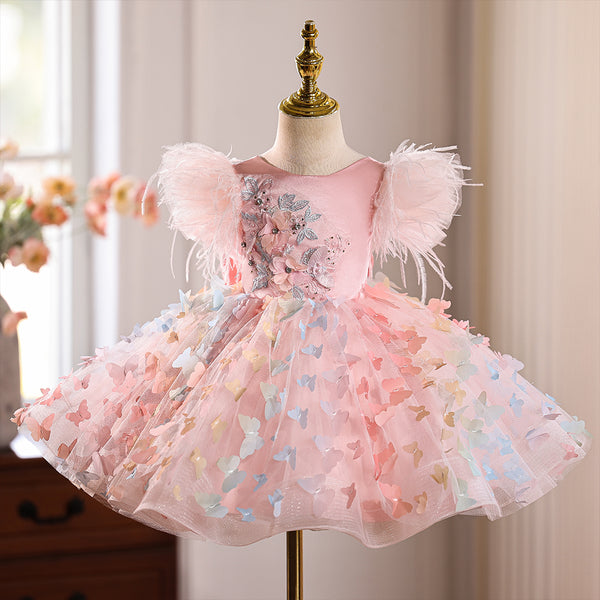 Pink Butterfly Applique  A-line Girls Pageant Dress