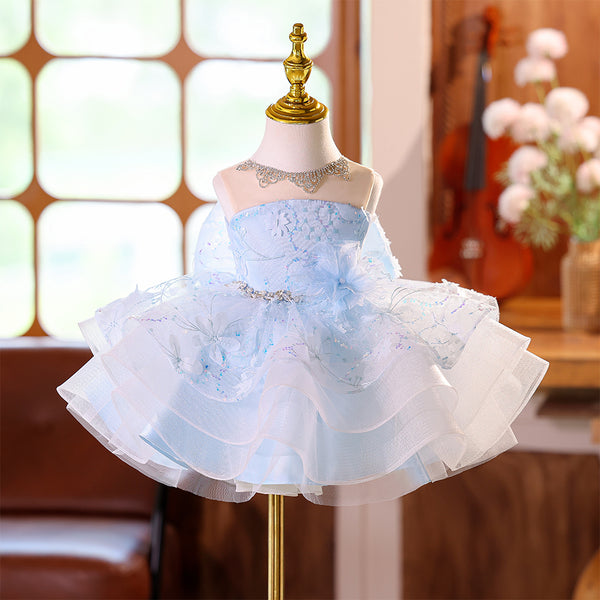 Beading Sky Blue Scoop Tulle Girls Pageant Dress with Bowknot