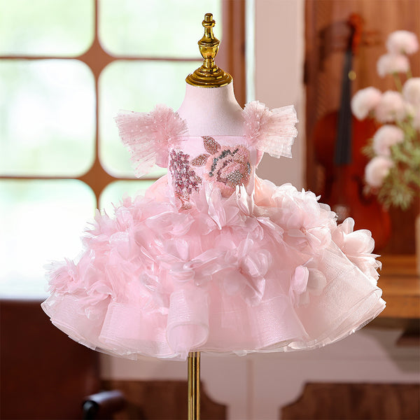 Pink Square Neckline 3D Flowers Tulle Girls Pageant Dress