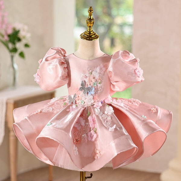 Shimmering Satin & 3D Flowers Girls Pageant Dress with Beaded Embroidery