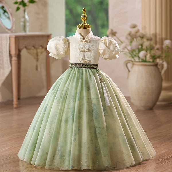 Chinese Style High Neck  Lace A-line Girls Pageant Dress with Puff Sleeves