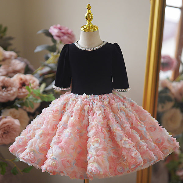 Beading  Black & Pink Ruffle Girls Birthday Dress with Half Length Sleeves