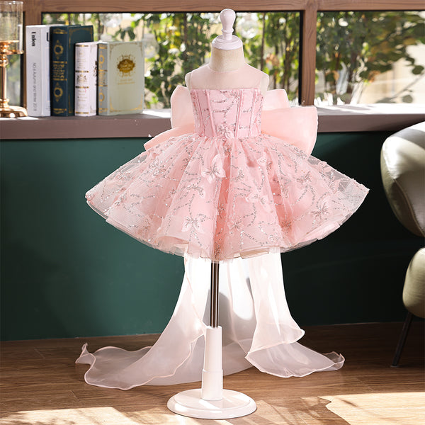 Pink Butterfly Applique A-line Girls Pageant Dress with Detachable Bow Train