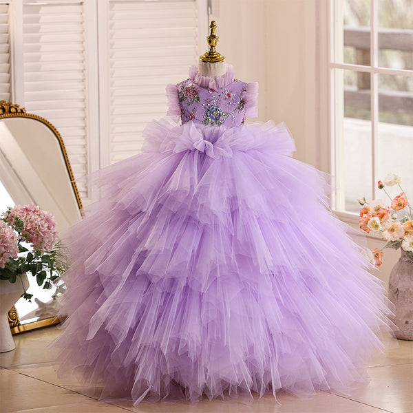 Lavender High Neck Beading Bodice Ruffle Tulle Girls Pageant Dress