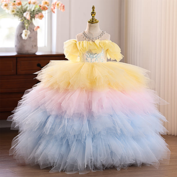 Off the Shoulder Beaded Multi - layered Colorful Girls Pageant Dress