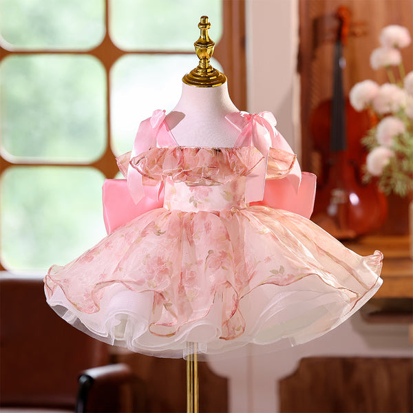 Pink Floral Scoop Tulle Girls Pageant Dress with Bowknot