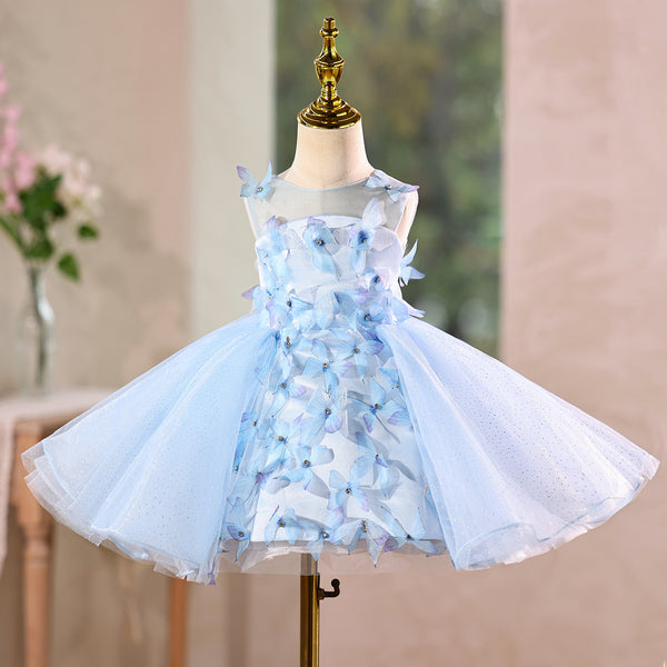 Sky Blue Butterfly Lace Girls Party Dress