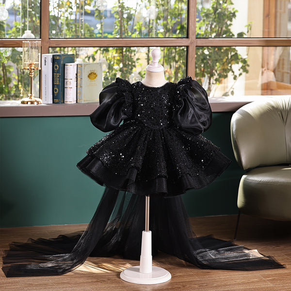 Black Sequin  Girls Pageant Dress with Puff Sleeves & Detachable Train