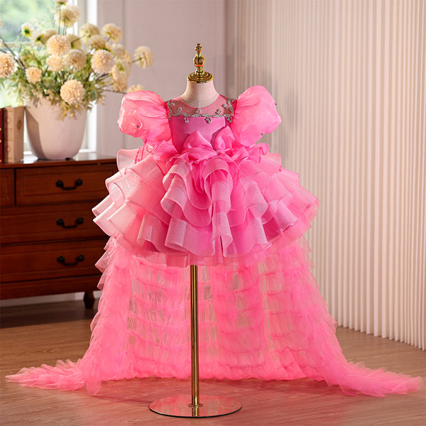 Hot Pink Ruffle Jewel Beading Girls Pageant Dress with Detachable Train