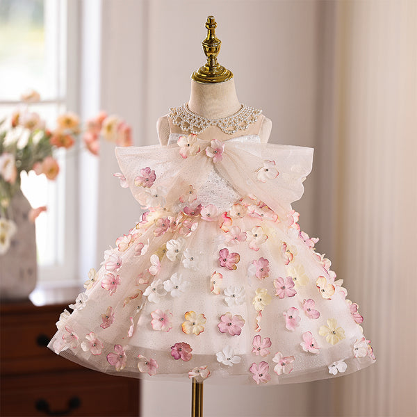 Jewel Beading 3D Flower Applique Elegant Girls Pageant Dress
