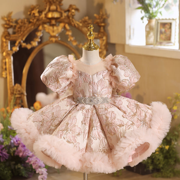 Pink Knee-length Short Sleeves Girl Birthday Dress