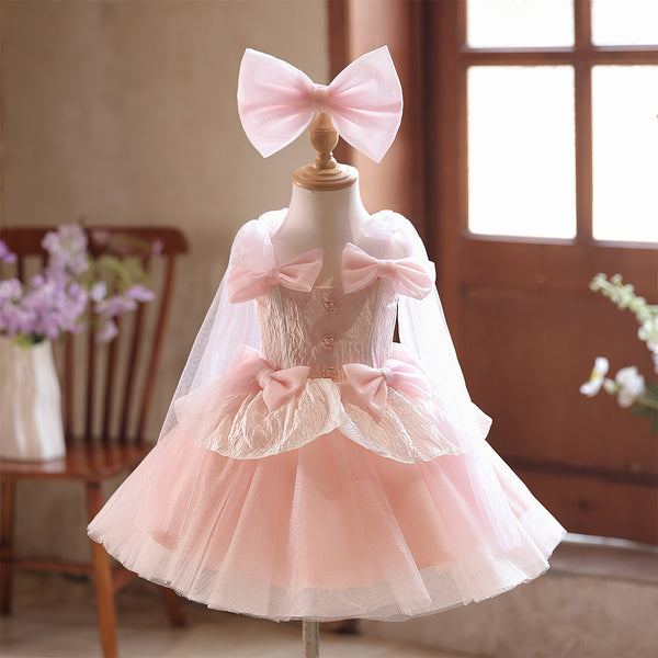 Tulle Pearl Pink V-neck Brocade Girls Pageant Dress with Bowknot