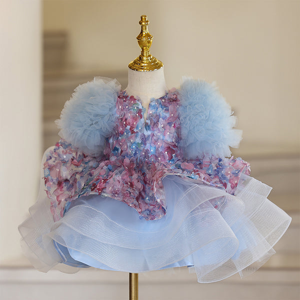 Floral Tulle Ruffle Girls Pageant Dress with Short Sleeves