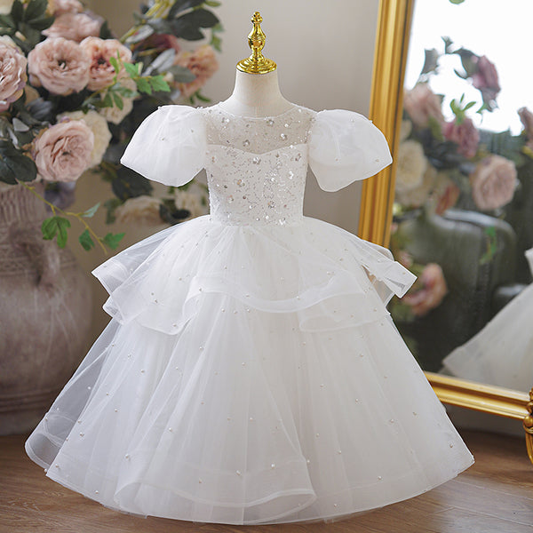 Beading Jewel Ruffle White Flower Girl Dress with Short Sleeves