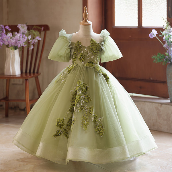 Sheer Neckline Mint Lace Applique Girls Pageant Dress with Short Sleeves
