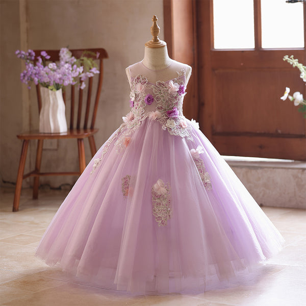 3D Flowers High Neck Pink Sequin Pleated Girls Pageant Dress