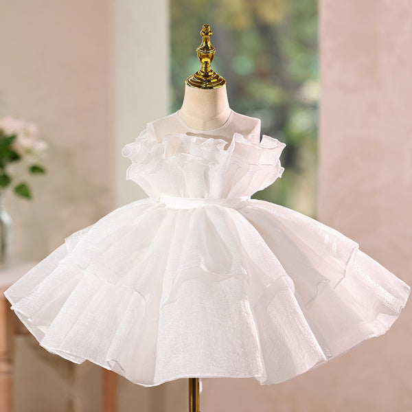 White  Ruched Sheer Neckline Tulle Girls Pageant Dress