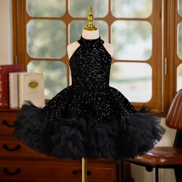 Black Sequin High Neck Ruffle Girls Pageant Dress
