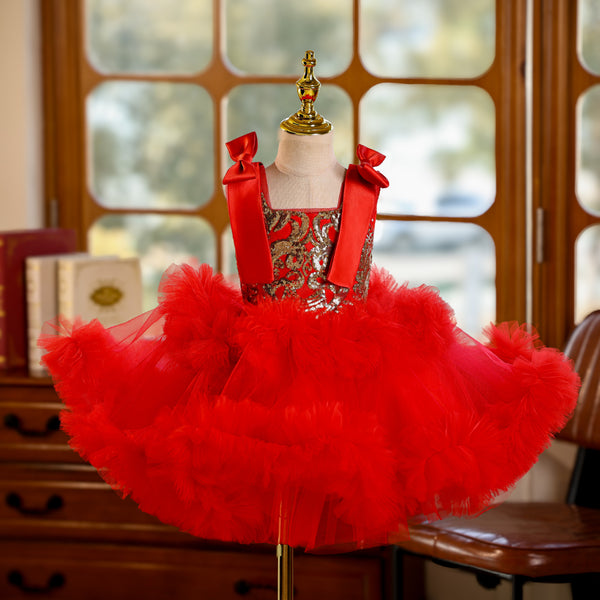 Red  A-line Tulle Girls Party Dress with Bowknot